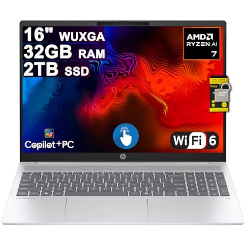 Image of HP OmniBook 5 AI PC Laptop 16 inch WUXGA IPS Touch AMD Octa-core Ryzen AI 7 350 (Up to 50 Tops) 32GB RAM 2TB SSD for Creator Designer Business Professional Backlit IR Camera Win11 ICP Hub