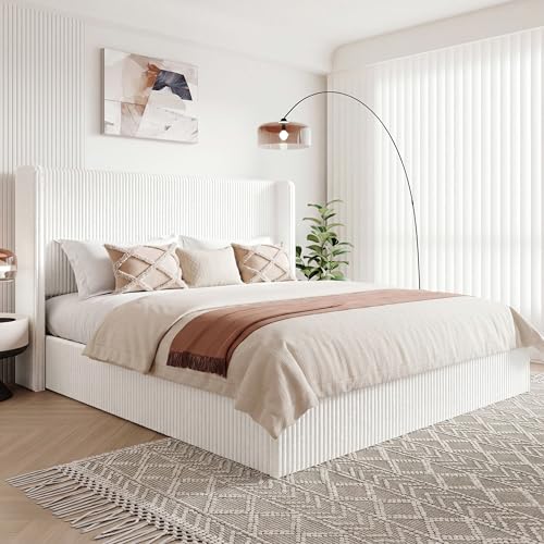 Image of Allewie King Lift-Up Storage Bed Frame, Corduroy Wingback Headboard, White