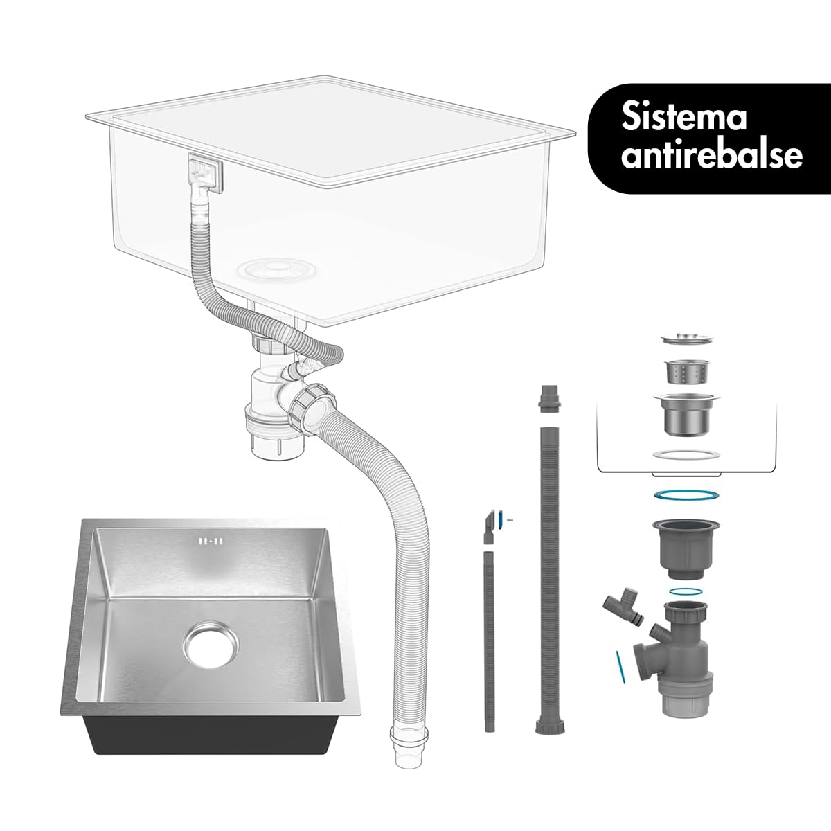 Fregadero de Cocina Erik Bajo Mesada (Acero Inoxidable) 68 x 45 CM. Incluye desague y clic clac de laton. INGUZ.