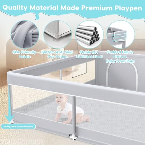 Image of Fshibila Baby Playpen, 50x50 Inch Baby Playard for Babies and Toddlers, Play Pens for Indoor & Outdoor, Sturdy Safety Play Yard with Soft Breathable Mesh, Anti-Fall, Grey