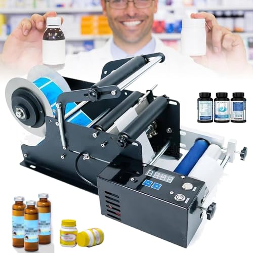 Round Bottle Labelling Machine, Manual Label Applicator, Adjustable Semi-Automatic 10-30pcs/Min, Self-Adhesive Labeling Machine, Labeler for Round Bottles Columns and Pressure-Sensitive Adhesive Label