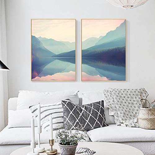 Toile forêt scandinave et lac alpin pour sublimer le mur de votre salon moderne