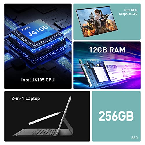 Bqvv 2 In 1 Laptop Touchscreen Computer, Intel Quad Core J4105 12Gb Ram, 256Gb Ssd, 12.3" Hd Display Windows 11 Convertible Laptop With Detachable Keyboard And Stylus Pen, Wifi, Bluetooth, Webcam #TOP1