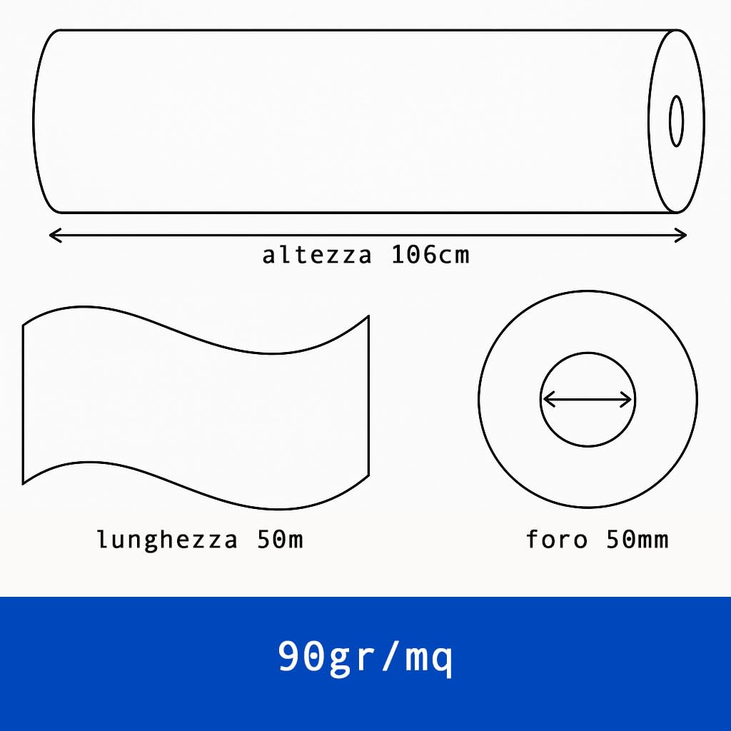 Confezione 1 Rotolo Plotter 106cm x 50m – 90g/m² | Carta Bianca Professionale per Stampa Tecnica, CAD, GIS e Grafica | Superficie Liscia, Asciugatura Rapida | Foro 50mm, Ø 96mm
