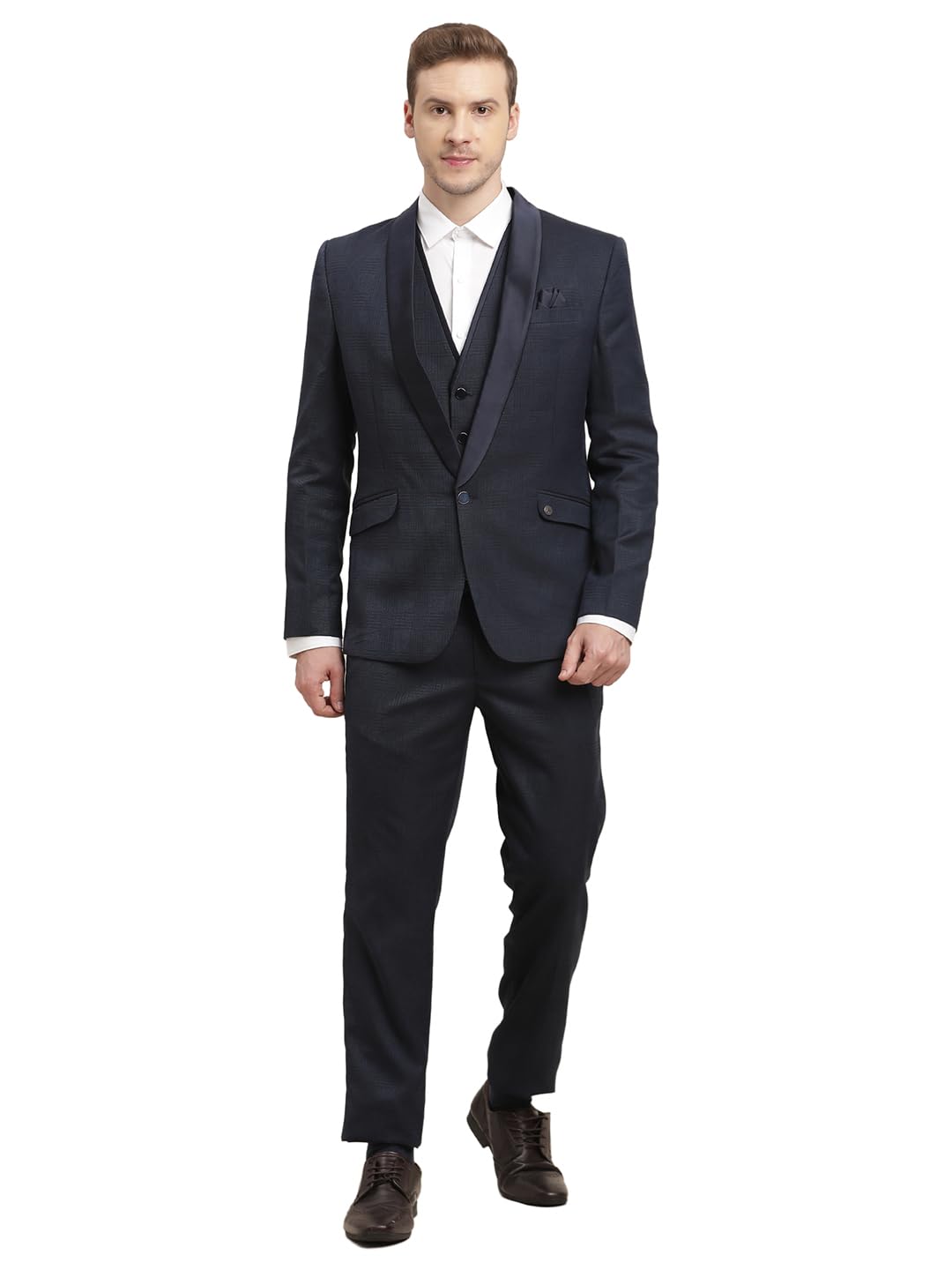 turtle Men Blue Polyviscose Checkered Formal Suit (3 Piece)-picture-27