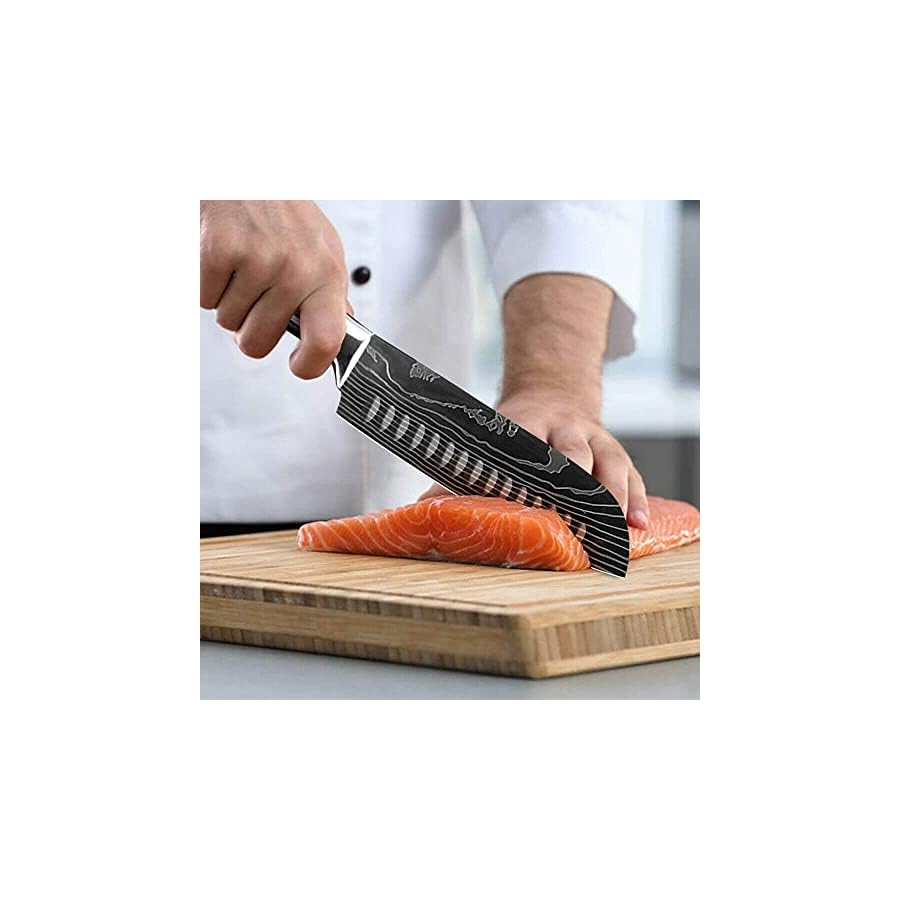 SENKEN-8-piece-Premium-Japanese-Kitchen-Knife-Set-with-Laser-Damascus-Pattern-Imperial-Collection-Chefs-Knife-Santoku-Knife-Bread-Knife-Paring-Knife-More-Ultra-Sharp-for-Very-Fast-Cutting SENKEN 8-piece Premium Japanese Kitchen Knife Set with Laser Damascus Pattern - Imperial Collection - Ultra Sharp for Very Fast Cutting