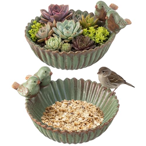 2 Pack 6.3 Inch Birds Special Design Fun Garden Flower Ceramic Planter Birds Feeder Succulent Pot Flowerpot or Feeder Bird Food Holder for Garden Outside Decor for Outdoor Gifts