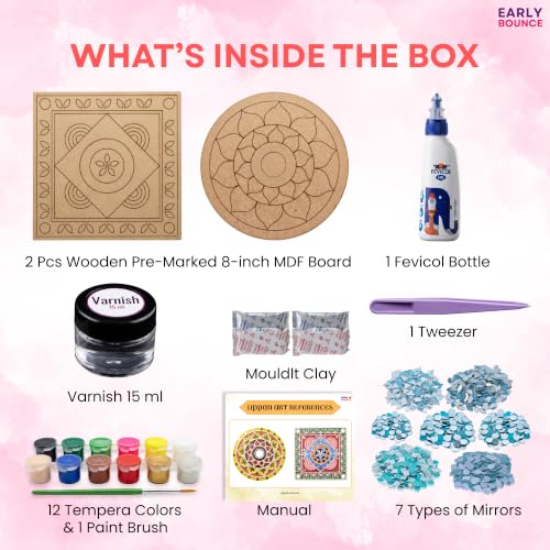 Image of EARLY BOUNCE DIY Lippan Art Kit for Kids & Adults | 2 Pre-Marked 8 Inch MDF Boards, 12 Acrylic Colors, Mirrors and More | Art and Craft Kit | Crafts & Gifts for Kids Age 8+ | Indian Folk Art