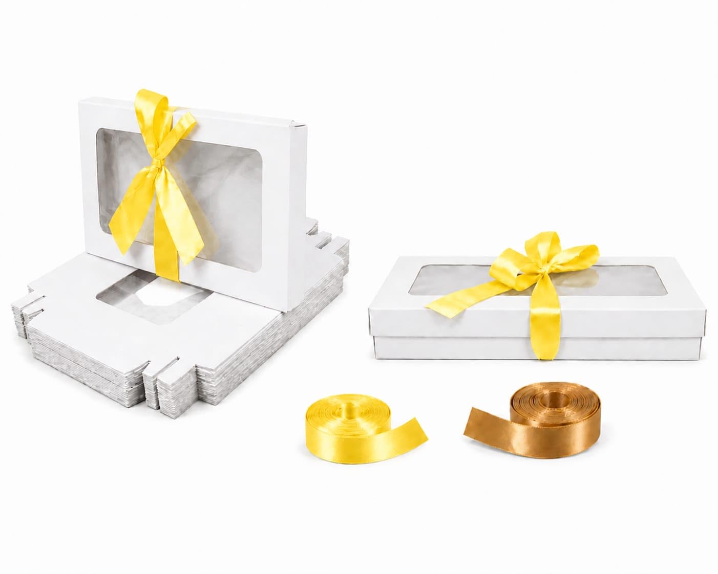 Emartbuy Pack of 12 White Gift Boxes with Clear Window Lid & Yellow Satin Ribbon - Small Slim 21 x 12.5 x 2.5 cm - Recyclable Kraft Presentation Box for Hampers, Treats, Weddings & Favours — image 1