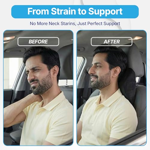 Image of Kingsway Car Accessories Neck Rest Seat Cushion, Universal Use, Long Drive Travel Orthopedic Headrest Car Memory Foam Pillow in Black, Super Soft and Super Comfort with 2 Adjustable Strap, Pack of 1