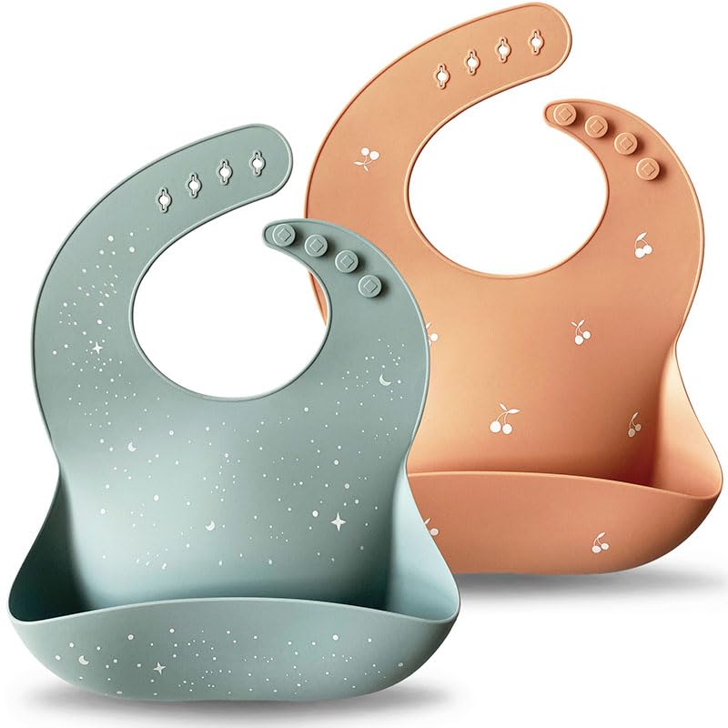 Image of Moonkie Silicone Baby Bibs Set of 2, Waterproof Feeding Bibs for Toddlers, Adjustable Soft Silicone Bibs with Deep Food Catcher Pocket, BPA-Free, Dishwasher Safe (Ether/Muted)