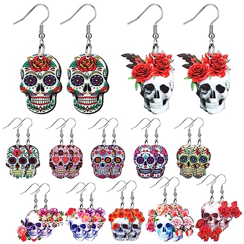 12 Pairs Day of The Dead Earrings Halloween Sugar Skull Golf Earrings Dangle Acrylic Sport Jewelry Decor Skull Gifts for Women (Novel Style)