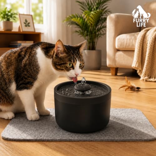 Image of Furry Life Automatic Cat Water Fountain with Ultra-Quiet Pump | Activated Carbon Filter for Clean Drinking Water (Obsidian Black, 1.8L)