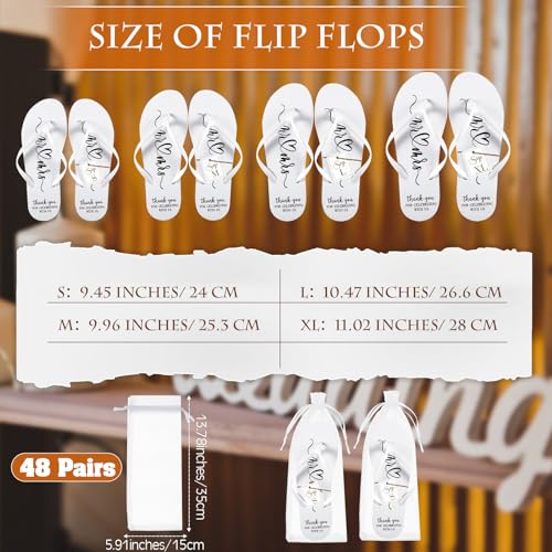 Cuffbow 48 Pairs Bulk Flip Flops for Wedding Guest Bride Sandals Spa Slippers with Size Card Organza Bag for Beach Pool Party2