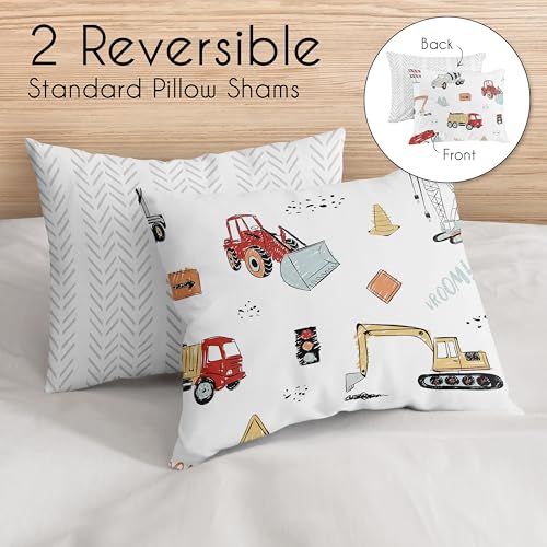 Image of Sweet Jojo Designs Construction Truck Boy Full /Queen Size Kid Childrens Bedding Comforter Set - 3 Pieces - Grey Yellow Orange Red and Blue Transportation Chevron Arrow