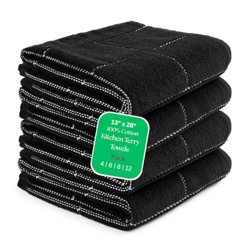 100% Cotton Terry Kitchen Towels Set of 4 (13'x28'), Super Absorbent, Quick-Drying, Black & White Checkered Design, Best Dish Cloths for Kitchen Cleaning, Drying Dishes