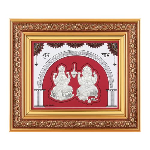 Image of 999 Pure Silver Laxmi Ganesh Frame | Divine Home Decor | Wall Mount Square Photo for Gift, Wooden PhotoFrame, Temple & OfficeDecor | hangingframe (10.50 inch x 9 inch Inch)