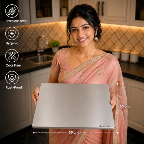 Image of OrganizeMee Premium (35.8 cm x30cm) Stainless Steel Chopping Board | Steel Kitchen countertop for Cutting, Vegetable Chopper, for Meat & Veggies Items, Chopping Board Steel pad (Medium Platform)
