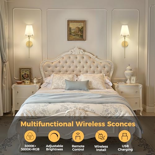 Image of DORESshop Gold Battery Operated Wall Sconce Set of Two, Rechargeable Wall Sconce with Remote, 15 Colors, Wireless Sconces Set of 2 for Bedroom Living Room, 24.6in, Includes Daily & 3 Shade