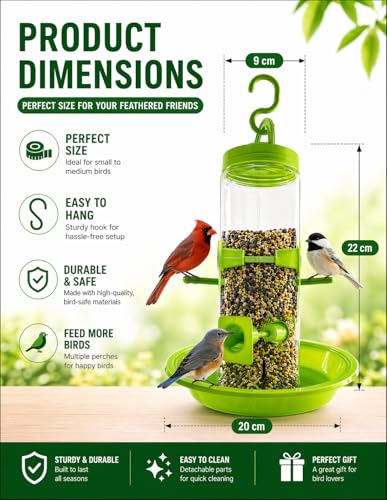Image of PuraMart Hanging Bird Feeder for Garden, Balcony (1 Litre) | Bird Food Dispenser | 4 Feeding Ports | 360 Perch | Weatherproof Bird Feeding Station | Indoor & Outdoor Use (Feeder(Pack of 1))
