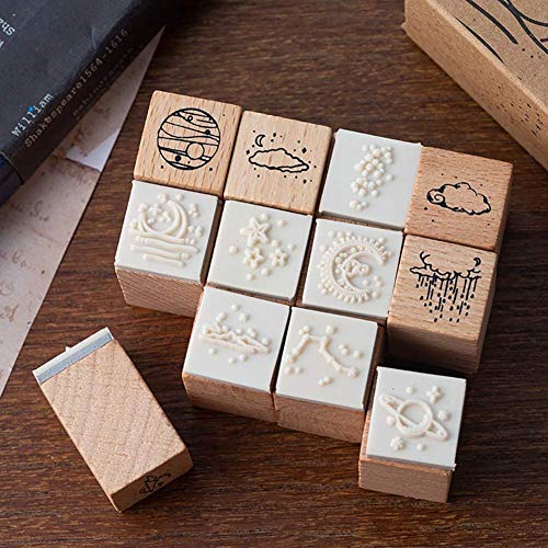Fciqven 16 Pcs Vintage Wooden Rubber Stamp Set, Moon Decorative Stamp Wood Rubber Stamp for DIY Craft, Scrapbooking, Card Making, Gift Wrapping, Journals - Thumbnail 2