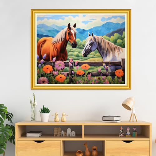 Image of DMCVIVR Stamped Cross Stitch Kits for Beginners Adults Needlepoint Kits for Beginners Embroidery Kits for Adults Crossstitch Kit for Beginners 11CT-Horse Flower 16x20 inch