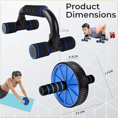 Manogyam Combo of Ab Wheel and Pushup Bar for Core Fitness | Fitness Equipment and Fitness Accessory Kit (Black, Blue) 2