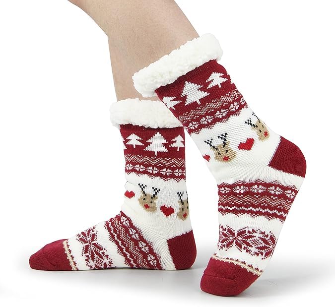 Image of BenSorts Women Winter Thick Slipper Socks with Grippers Non Slip Warm Fuzzy Socks Christmas Gifts
