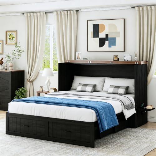Bvldfamly Full Murphy Bed with Charging Station, Farmhouse Noisy-Free Foldable Cabinet Bed Frame with Storage Drawer, Space Saving Hideaway Wall Bed for Guest Bedroom, Living Room, Office, Black Bvldfamly Full Murphy Bed with Charging Station, Farmhouse Noisy-Free Foldable Cabinet Bed Frame with Storage Drawer, Space Saving Hideaway Wall Bed for Guest Bedroom, Living Room, Office, Black - Image 1