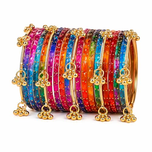 Image of Kaher Kashmiri Glass Bangle with gunghro Set for Women| Traditional, Fancy Glass Chudi Set for Festival, Wedding, and Party (Set Of 16)