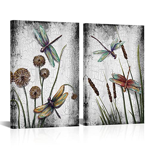 Lovehouse Insect Canvas Wall Art Animal Dragonfly With Dandelion Reed Painting Prints Farmhouse Bathroom Pictures For Modern Home Bedroom Living Room Decor 16X24Inchx2Pcs Ready To Hang #TOP13