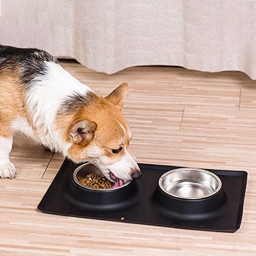 dog bowls with mat, cat water food bowl set (13.5oz each) in no spill silicone mat, dual pet feeder bowl for puppy, cats, small medium dogs (square, black) m (13.5oz x 2 ) black square
