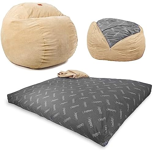 CordaRoy's Corduroy Bean Bag Chair, Convertible Chair Folds from Bean Bag to Bed, As Seen on Shark Tank, Khaki - Full Size