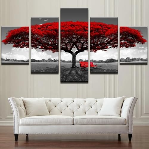 Tableau de décoration murale salon et chambre impression sur toile arbre rouge 5 pièces