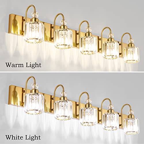 Image of Ralbay Crystal Vanity Lights 5-Lights Brass Gold Over Mirror Modern Bathroom Wall Lighting Fixtures
