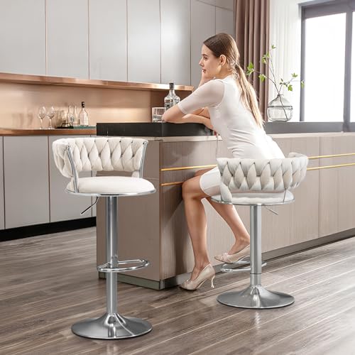 Velvet-Swivel-Bar-Stools-Set-of-4-Modern-Adjustable-Barstools-with-Woven-Back-Counter-Height-Bar-Stool-with-Silver-Leg-Upholstered-Bar-Chair-for-Kitchen-Island-Pub-Cafes-Bar-Counter-Ivory Velvet Swivel Bar Stools Set of 4 Modern Adjustable Barstools with Woven Back Counter Height Bar Stool with Silver Leg Upholstered Bar Chair for Kitchen Island Pub Cafes Bar Counter Ivory