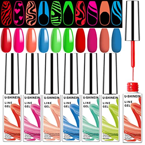 U-Shinein 6 Colors Painted Gel Nail Polish Kit, Glow in Dark Liner Art Gel Luminous Nail Painting Polish Set Matrix Spider Gel Polish Drawing Painting Gel Liner Nails Gel LED UV Soak off Nail Art