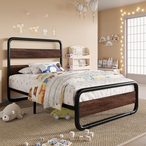 Image of SHA CERLIN Twin Size Metal Bed Frame with Wooden Headboard, Mahogany