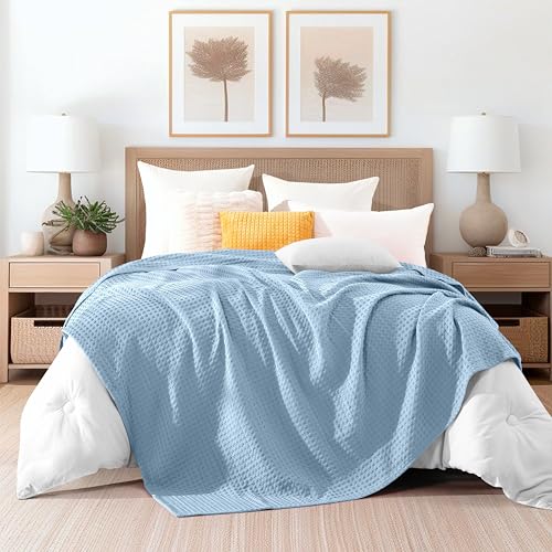 Image of Elegant Comfort Premium 100% Cotton Waffle Blanket - Lightweight Breathable Waffle Weave Bed Blanket - Soft and Warm All Season Blanket for Couch, Sofa and Bed, TwinXL Size 68x90 Inches, Light Blue