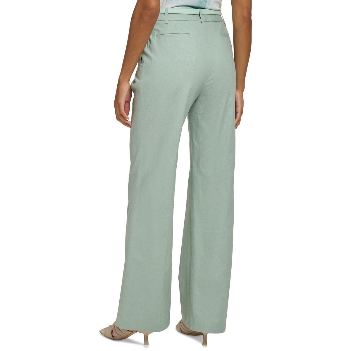 Calvin Klein Pantalones anchos de lino con cinturón para mujer (Jadeíta, 16), Jadeite, 16