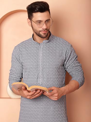 Image of Jompers Men's Grey Embroidered and Sequence Kurta with Pyjama (Grey, S)