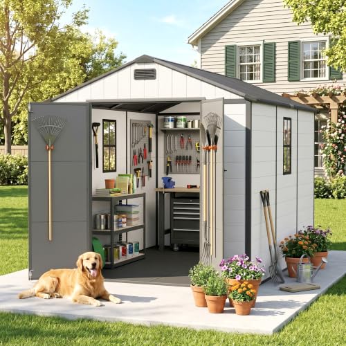 Image of Greesum 8x10FT Resin Outdoor Storage Shed with Floor and Windows, All Weather Plastic Shed with Lockable Door & Vents for Garden, Backyard, Lawn, Light Gray