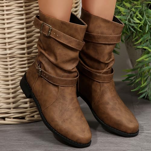 Boots for Women Wide Calf Women's Slouchy Short Low Heel Pull On Booties Fashion Belt Ruched Round Toe Chunky Heels Mid Calf Boots Comfortable Casual Classic Womens Booties Wide Width4