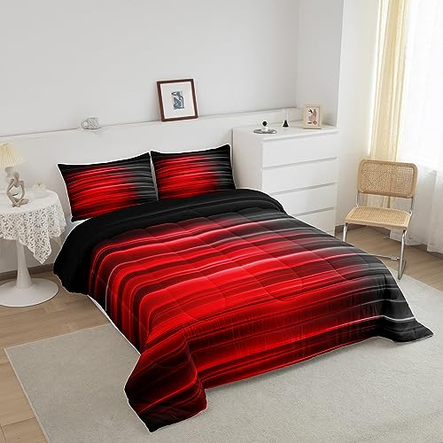 Image of Feelyou Red and Grey Bedding Set Twin, Ombre Gradient Lines Comforter Set for Boys Girls Geometric Abstract Ombre Comforter Stripes Duvet Set 2Pcs