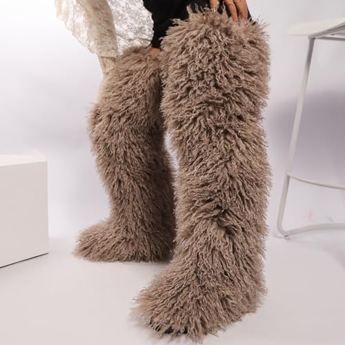 Image of Black Thigh High Fur Boots, Over the Knee Fluffy High Boots, Tall Furry shoes for Women
