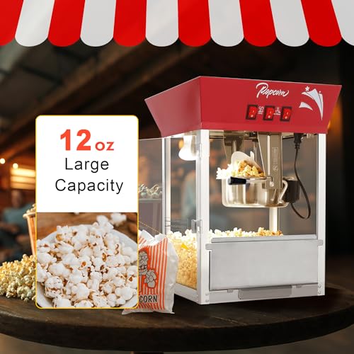 Image of 12 Oz Countertop Popcorn Machine (Red) - Retro Style Popcorn Maker - 3 Easy Switches with 4 Scoops for Home Theater, Party, Events