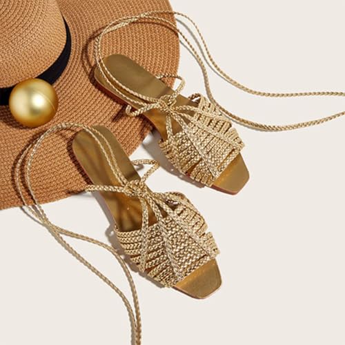 Women's Gold Cross Braided Strap Flat Fish Mouth Roman Sandals Summer Square Toe Sexy Adjust Lace Up Comfortable Soft Sole Boho Sandals Suitable for Party Dress Beach3