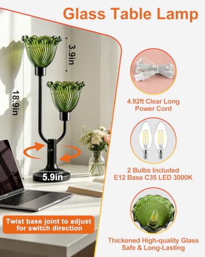 Image of Lightdot Green Glass Flower Table Lamp for Bedroom Vintage Dimmable Lamp