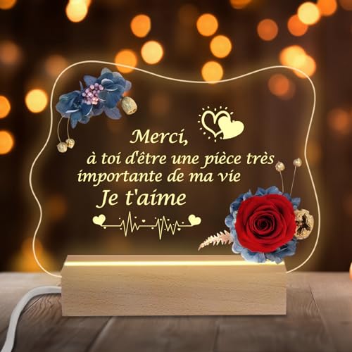 Miofula Rose Eternelle Cadeau Anniversaire Femme, Rose Éternelle Idee Cadeau Femme Noel, LED Veilleuse en Acrylique Cadeaux Merci pour Maman Fille Épouse Sœurs, Cadeaux Noel Saint Valentin
