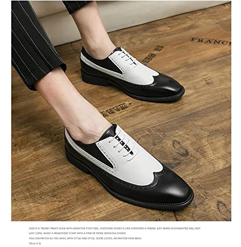 Dress Oxford for Men Lace Up Two Tone Brown and White Wing tip PU Leather Anti-Slip Slip Resistant Low Top Wedding(Black White,10 M US)4
